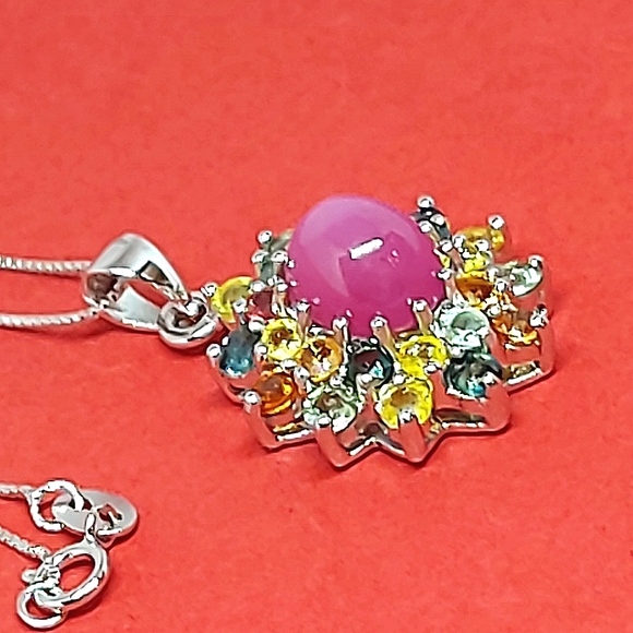 Natural Heated Ruby 10x8mm & Sapphire 925 Sterling Silver Necklace 18" - Picture 5 of 7